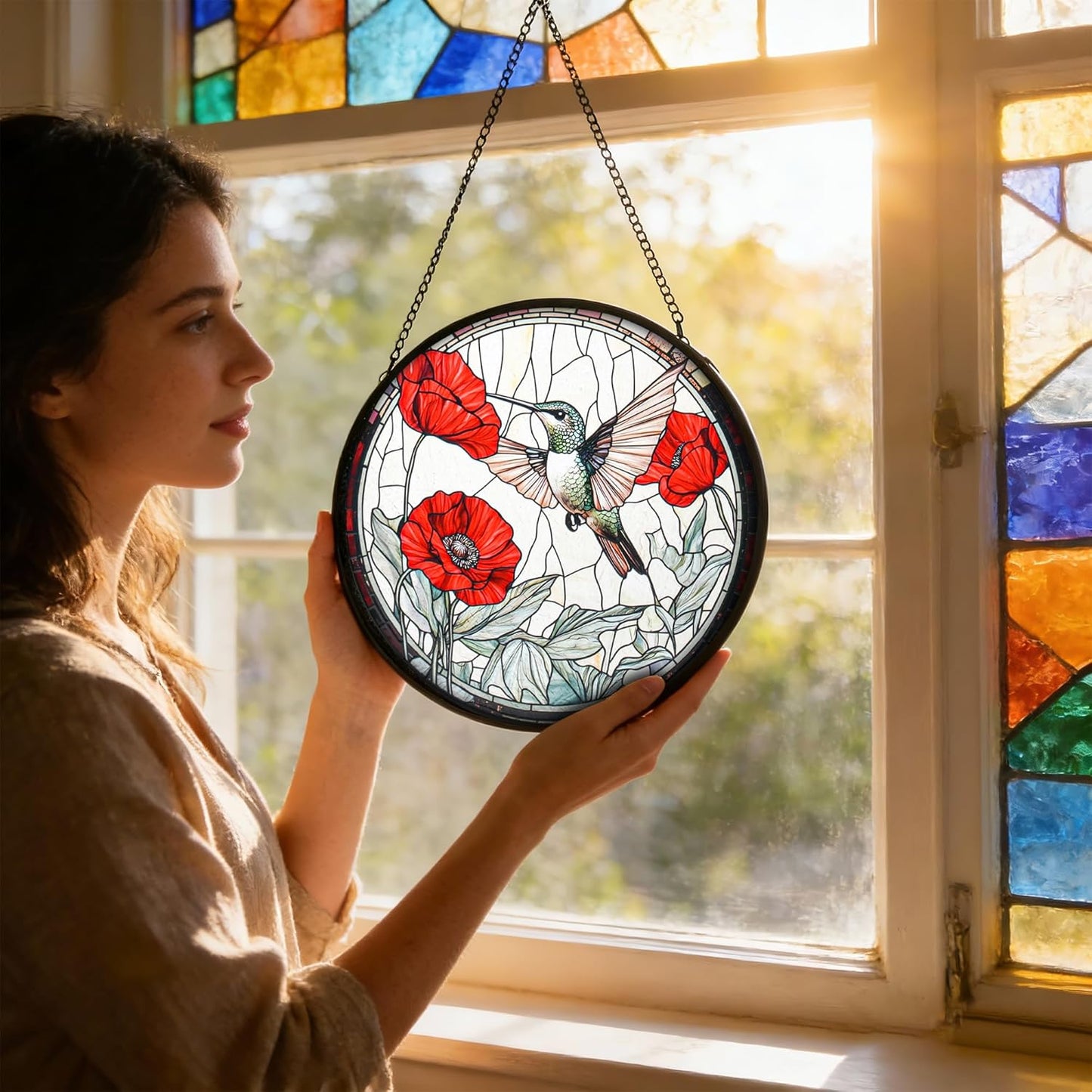 Stained Glass Window Hanging, Hummingbird and Red Flowers Sun Catcher for Door Garden Kitchen Home Decor, Suncatchers for Christmas Mother's Day Birthday Gifts for Bird Lovers Women Men Mom 7.8 in