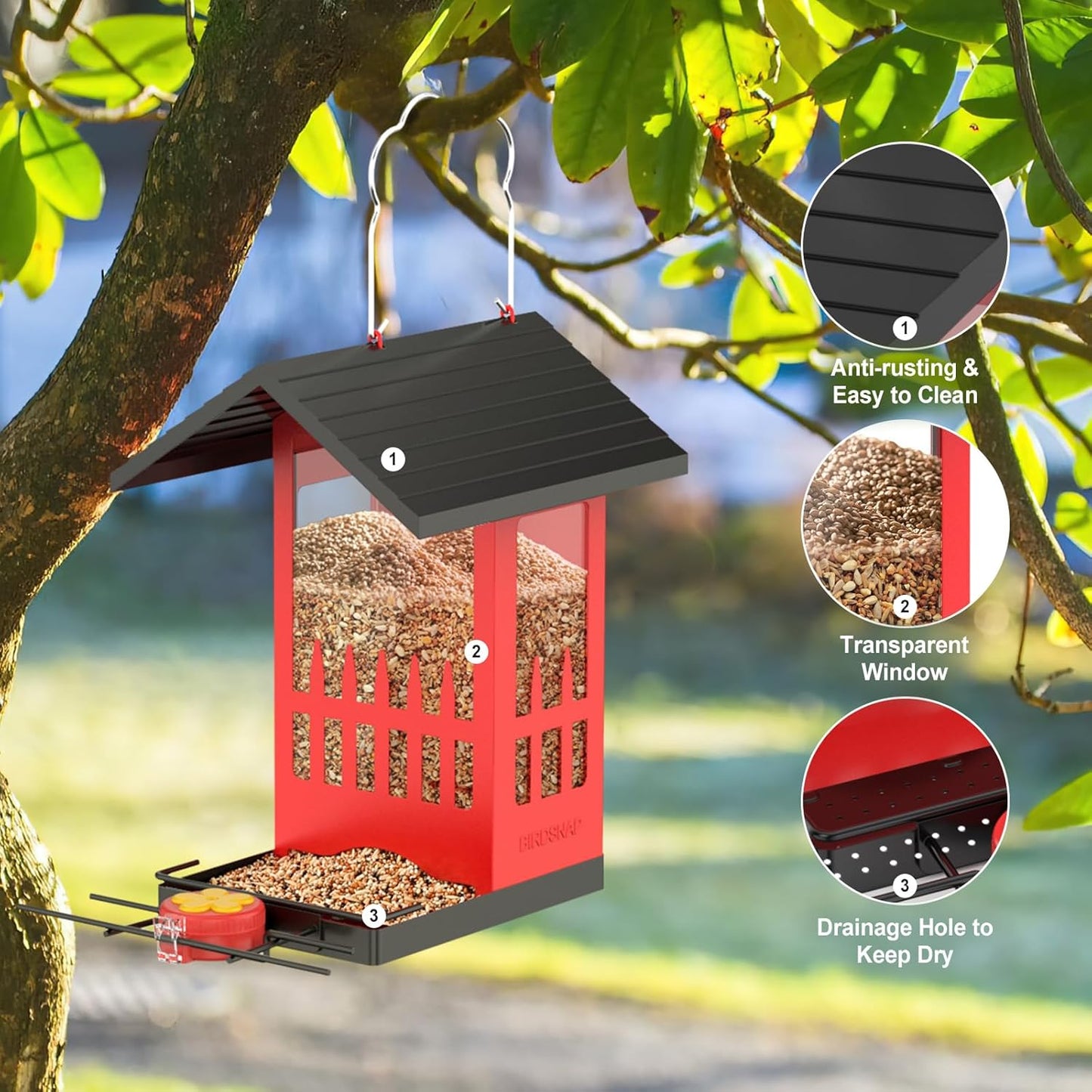 birdsnap® PHE - Bird Feeder House, 3.4L Metal Bird Feeders for Outside Hanging, 2-in-1 Hummingbird Feeder Weatherproof Large Capacity for Garden Feather Watching
