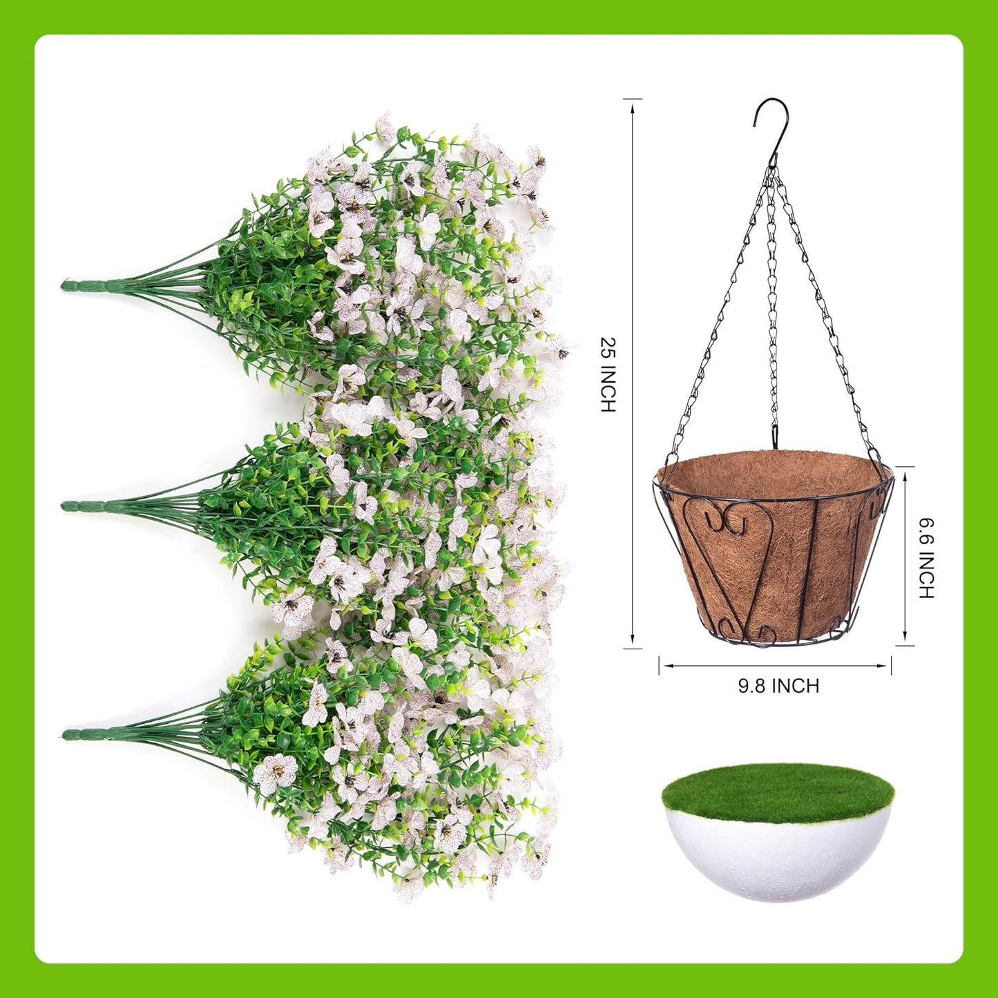 Artificial Fake Hanging Flowers Plants with Basket Spring Outdoor Decor,Faux Silk Flowers with Eucalyptus in Planter No Fade Flower in Basket for Farmhouse Home Garden Porch Patio Balcony(White)