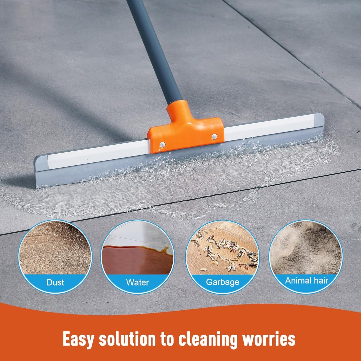 Rubber Floor Squeegee for Concrete Floor, Tile Floor, Metal Aluminium Heavy Duty Garage Shower Floor Squeegee Broom for Removing Water, Commercial Scrubber Mop with Extendable Long Handle