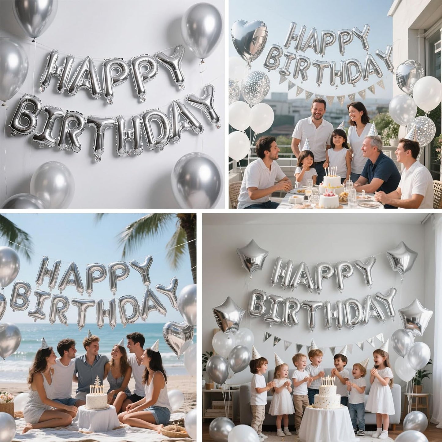 Silver Happy Birthday Balloon Banner Set -16 Inch Foil Letters Balloons, Reusable Birthday Decorations and Party Supplies, Suitable for Men and Women's Birthday Decorations，Party Backdrop