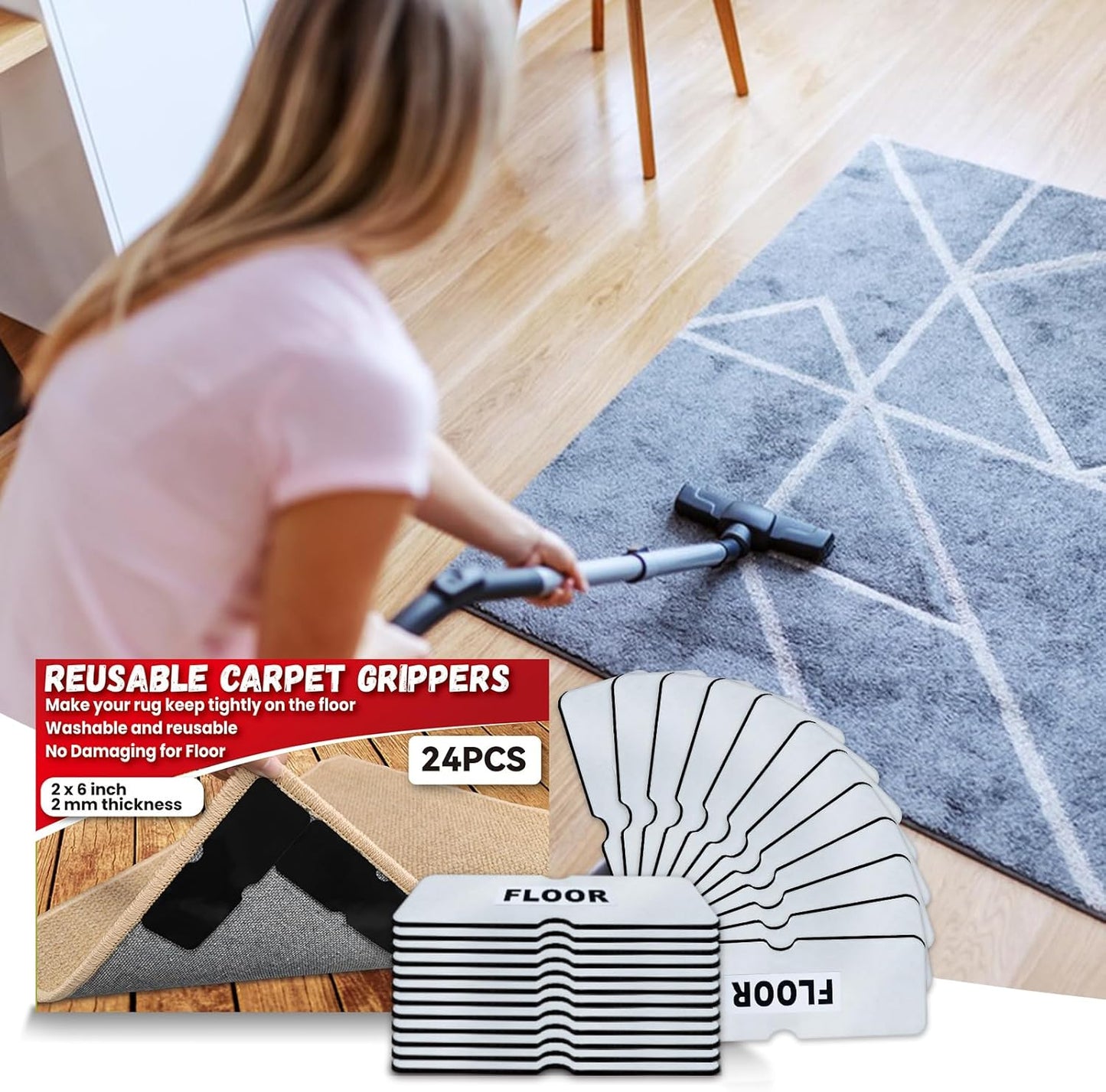 Rug Carpet Non Slip Grippers, Reusable Rug Tape Stickers Pads for Hardwood Floors and Tiles, Double Adhesive Carpet Grippers for Area Rugs Corners Flat, No Damaging for Floor Removable, 8Pcs