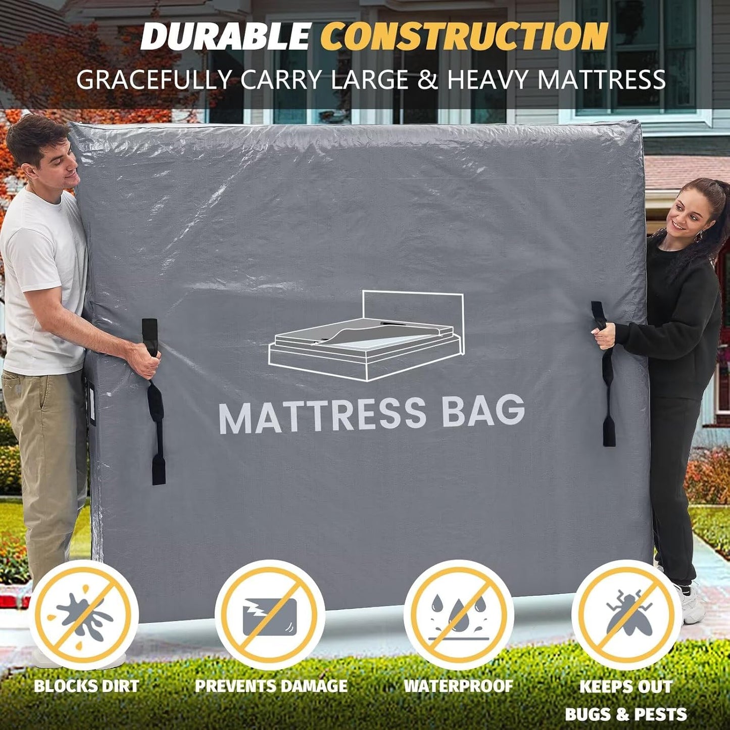 Mattress Bags for Moving and Storage, BETU Twin Mattress Protector Waterproof Mattress Cover with 8 Heavy Duty Handles and Zipper Extra Thick Moving Supplies for Dorm Bed Reusable (77x42x13.5 Grey)