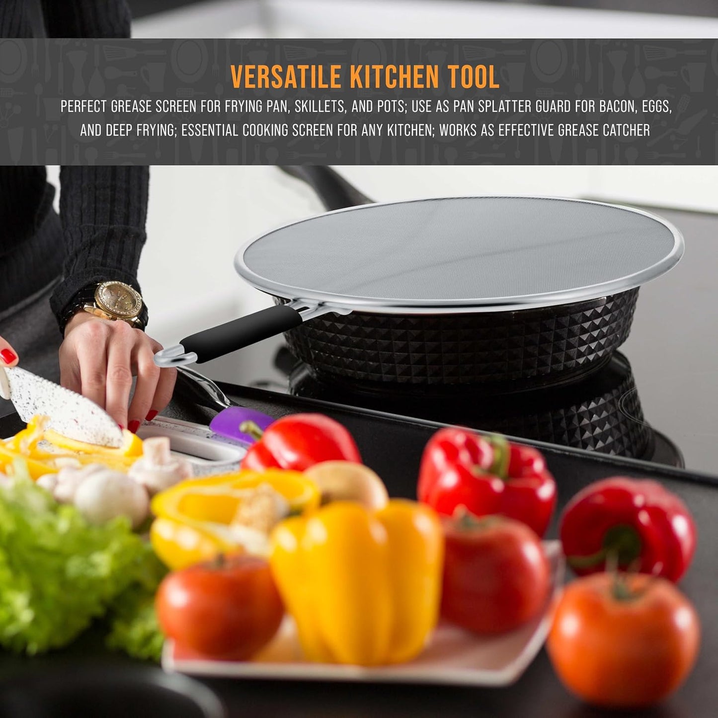 U.S. Kitchen Supply 3피스 스테인리스 스틸 스플래터 가드 세트 (33cm(13인치), 29.2cm(11.5인치), 24.1cm(9.5인치)) 파인 메시 커버, 그리스 및 오일, 프라이팬, 요리 냄비용 튀김 스크린, 휴식 발 및 편안한 그립 핸들 포함