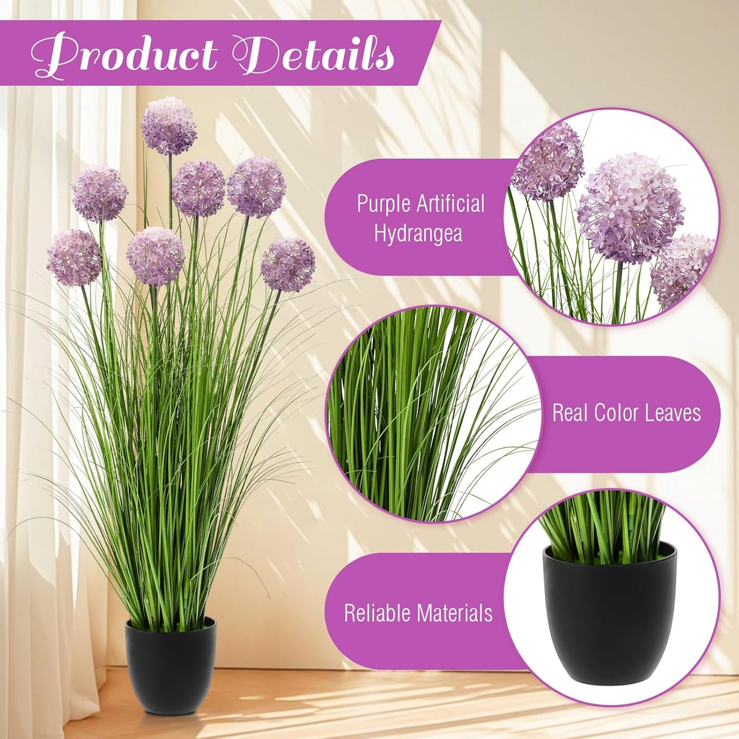 Jexine 2 Pack 4ft/47inch Artificial Grass Plant Outdoor Artificial Greenery Grass in Pot with Fake Purple Hydrangea for Spring Room Office Indoor Outdoor Decor Housewarming Gifts