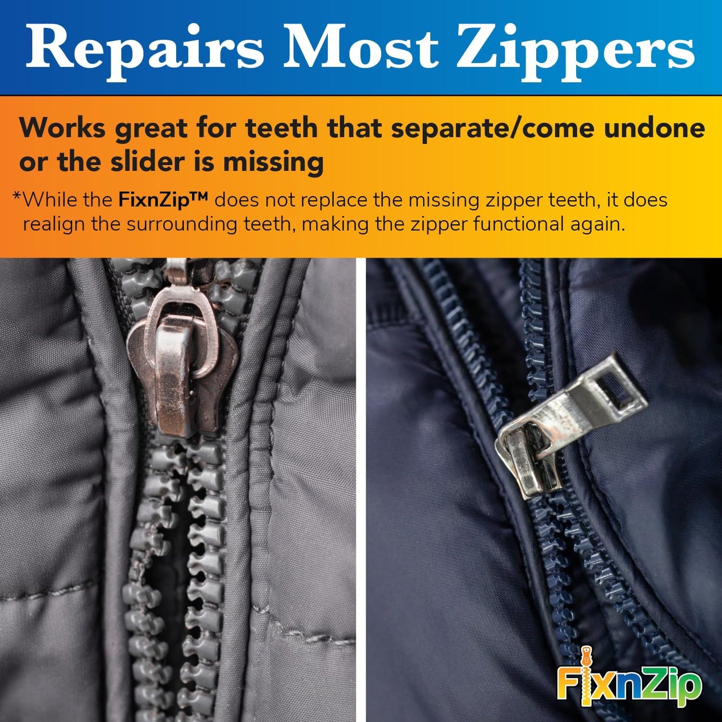 FixNZip Medium Black Nickel Zipper Repair Kit | Universal No-Sew Slider Replacement for Jackets, Sleeping Bags, Tents, and Duffel Bags | Instant and Reusable Zipper Repair Tool | Sizes 5-7