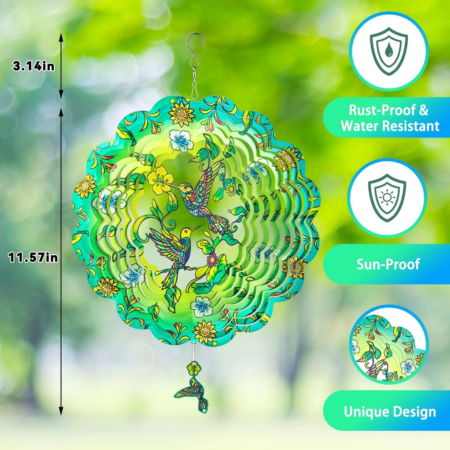 Charming Hummingbird Wind Spinner-12 Inch Stainless Steel Decoration for Outside with Bright Colors, Safe Edges and Unique Design, Great Gifts for Mom/Ladies, Doubles as Scare Birds Away
