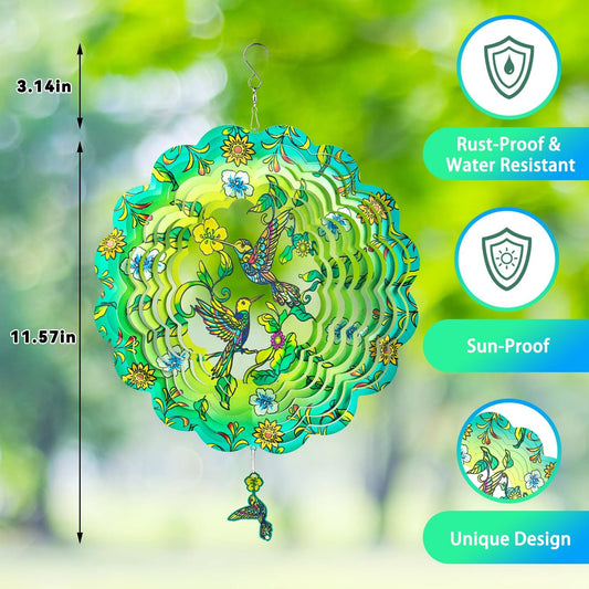 Charming Hummingbird Wind Spinner-12 Inch Stainless Steel Decoration for Outside with Bright Colors, Safe Edges and Unique Design, Great Gifts for Mom/Ladies, Doubles as Scare Birds Away