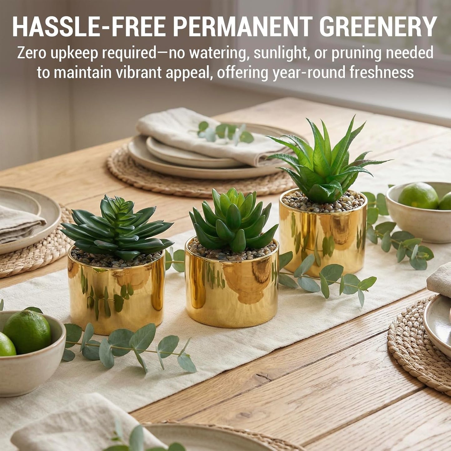 MyGift Set of 3 Artificial Succulent Decorations in Modern Brass-Tone Ceramic Planter Pots