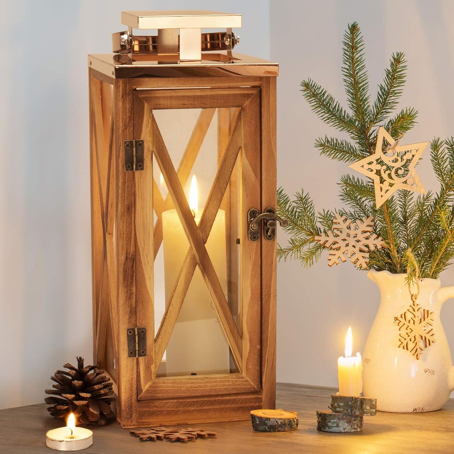 Wooden Candle Lantern Decorative Set of 2, Patio Decor with Stainless 