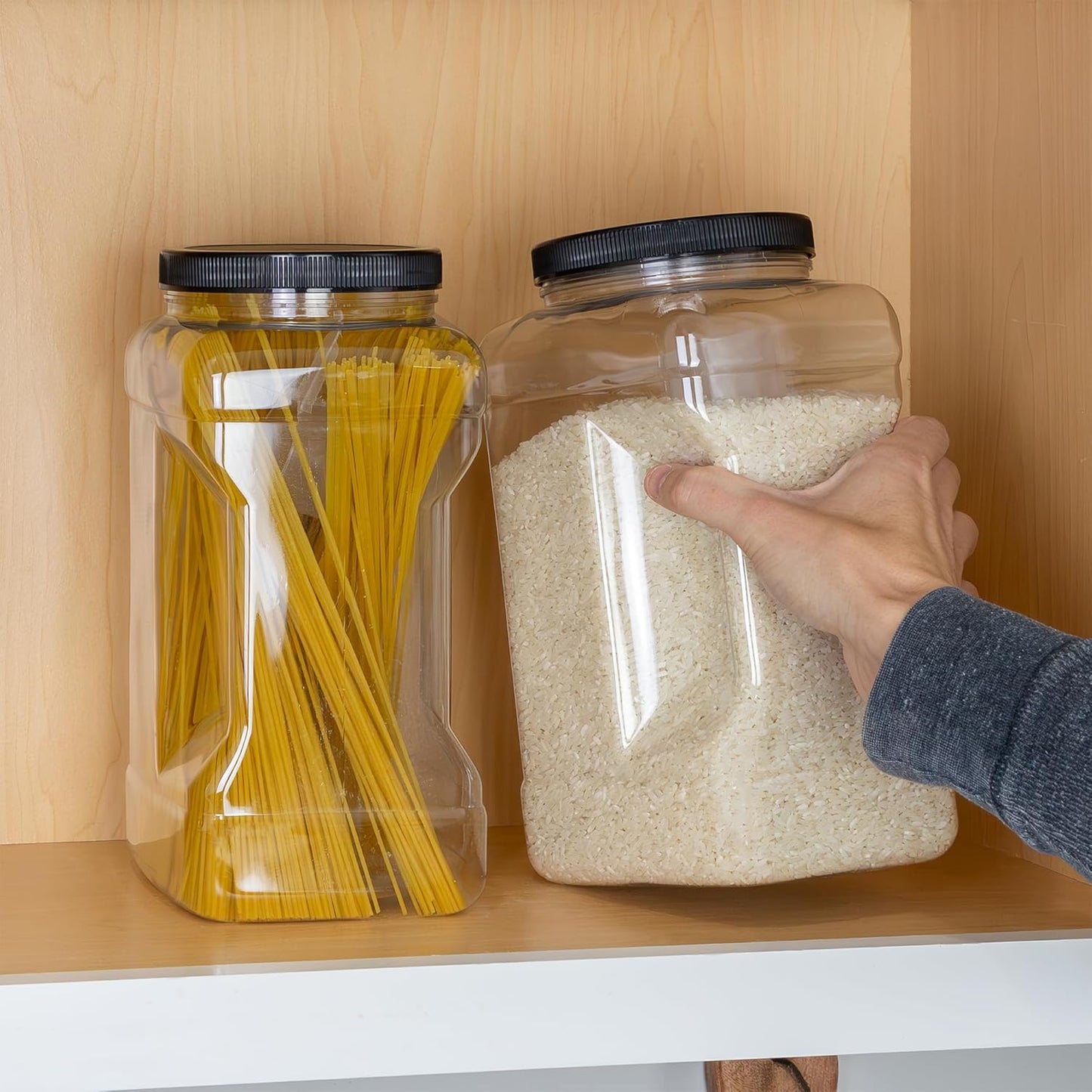 Cornucopia Brands Square Gallon Size Clear Plastic Canisters (2-Pack); 4-Quart Jar Grip Containers w/ Plastic Scoops; BPA-Free