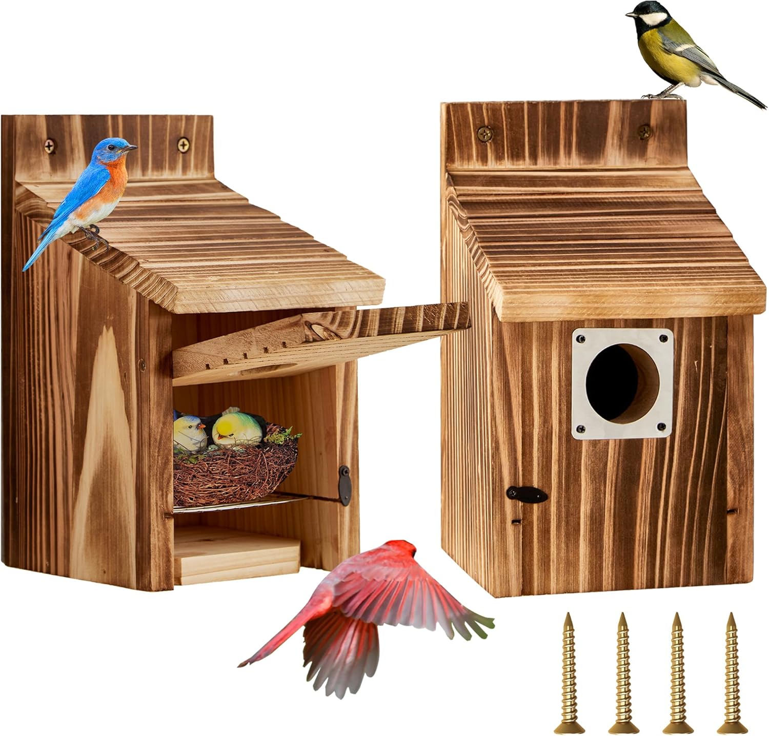 2 Pack Bird Houses for Outside with Metal Predator Guard for Bluebird 