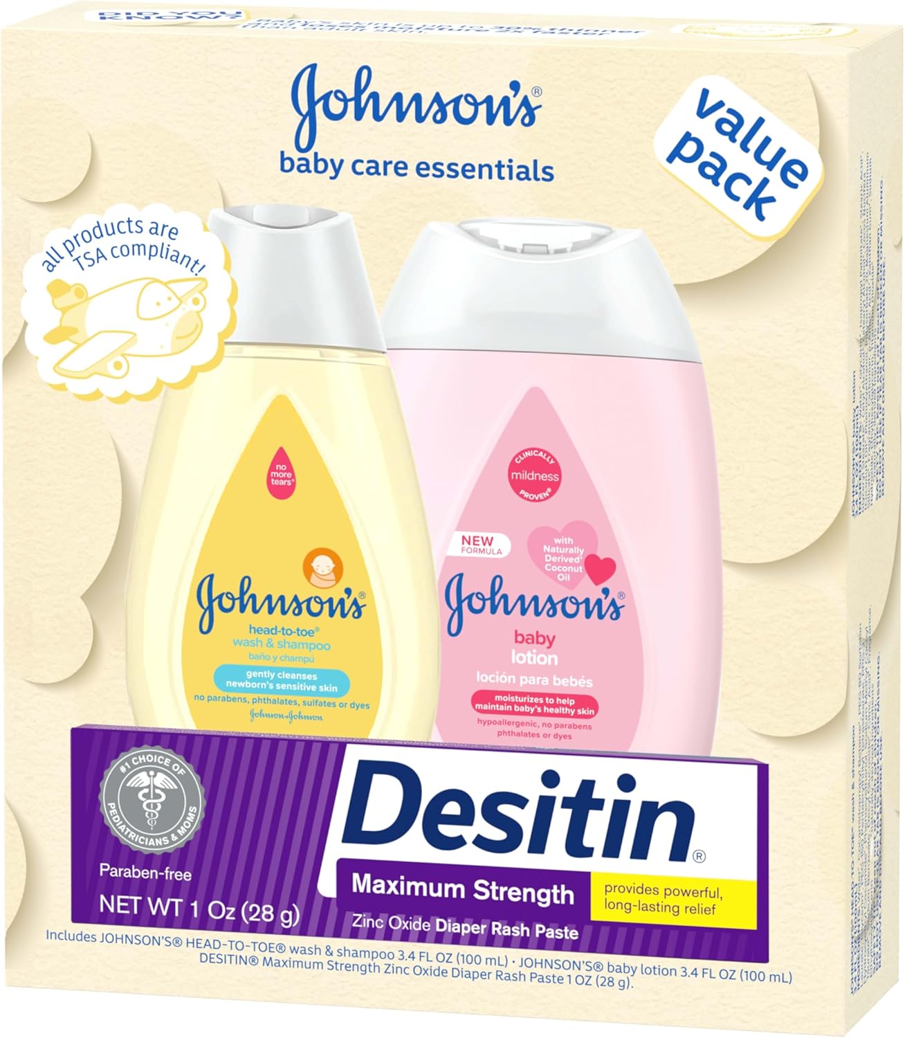 Johnson's Baby Care Essentials Gift Set, Body Lotion, & Zinc Oxide Dia