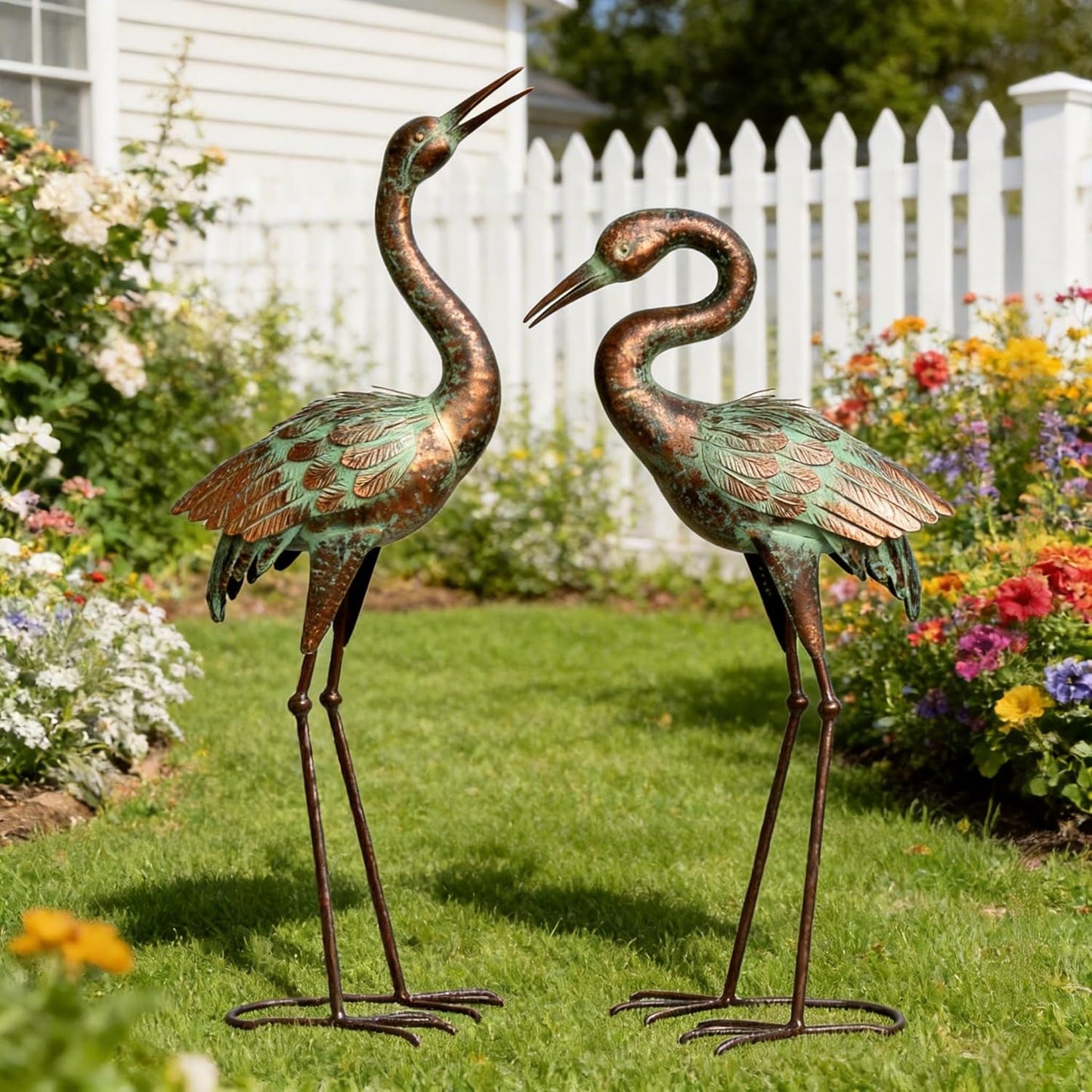 Shorayn Garden Crane Statues, Blue Heron Sculptures for Outdoor, Cranes Decor Metal Bird, Patina Garden Art Lawn Ornaments for Yard Patio Porch Outside Decorations