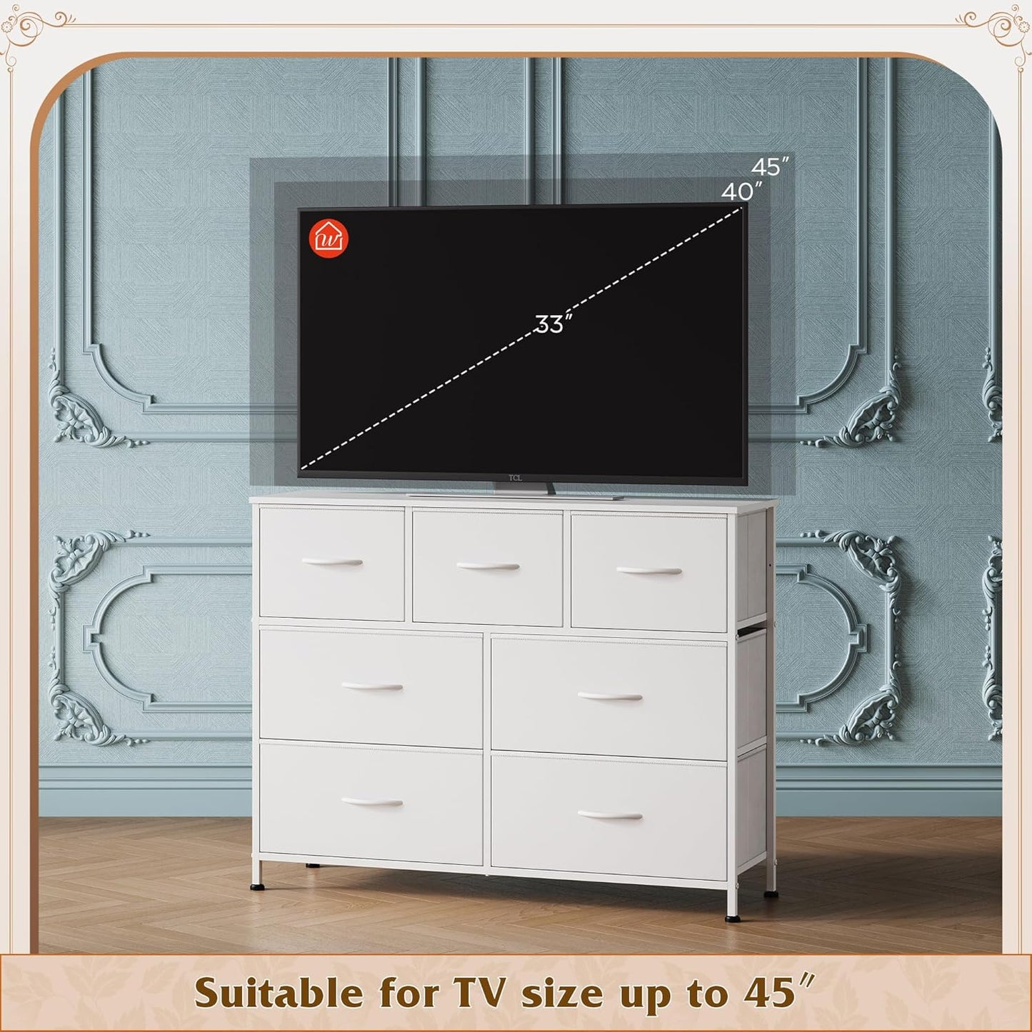WLIVE 7 Drawer Dresser TV Stand, Dressers for Bedroom, Fabric Storage Tower, Hallway, Entryway, Closets, Sturdy Steel Frame, Wood Top, Easy Pull Handle, White