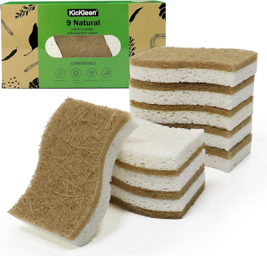 9 Pack Biodegradable Natural Kitchen Sponge - Compostable Cellulose an