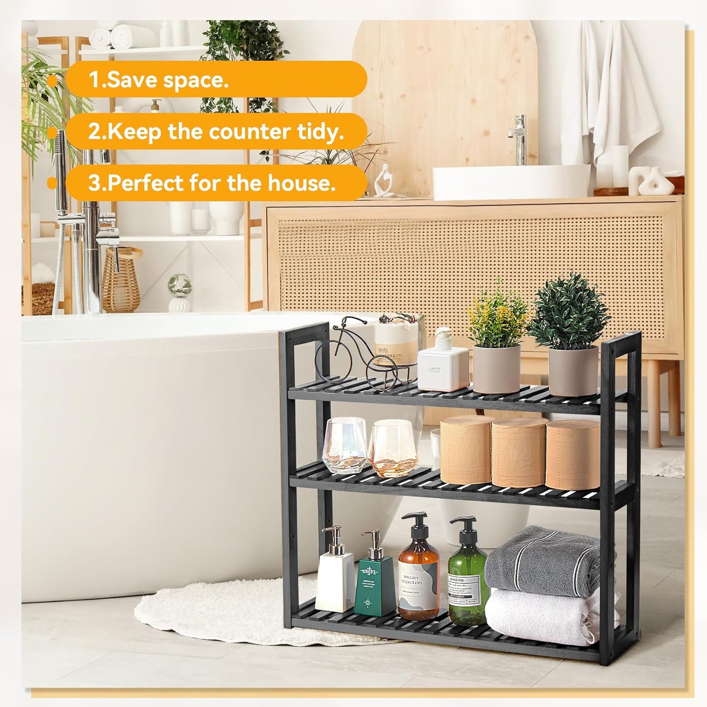 Wood Bathroom Shelf, 3-Tier Adjustable Shoes Rack&Plants Rack, Wall-Mounted or Stand for Living Room (Black)