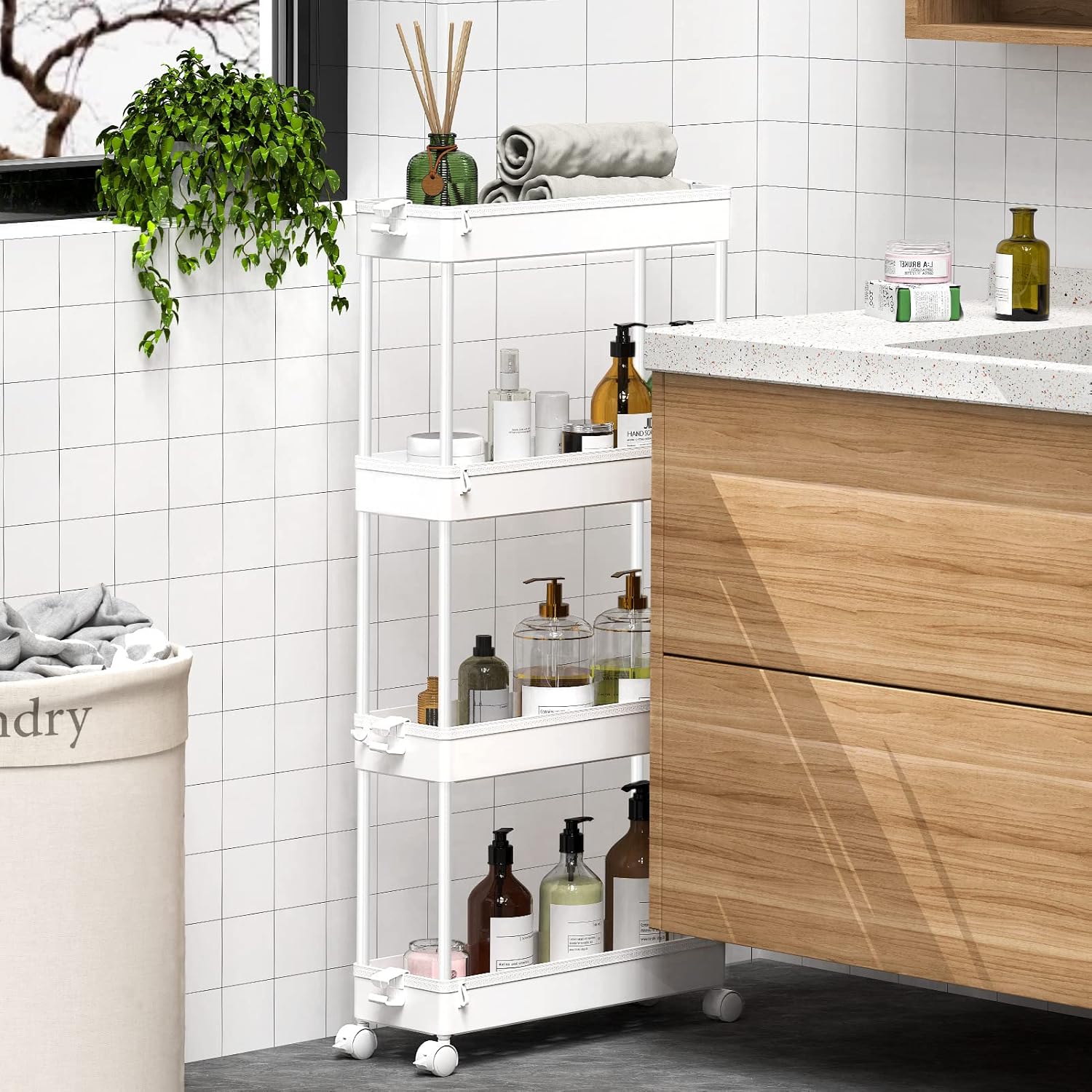 SPACEKEEPER Slim Rolling Storage Cart 4 Tier Bathroom Organizer Mobile
