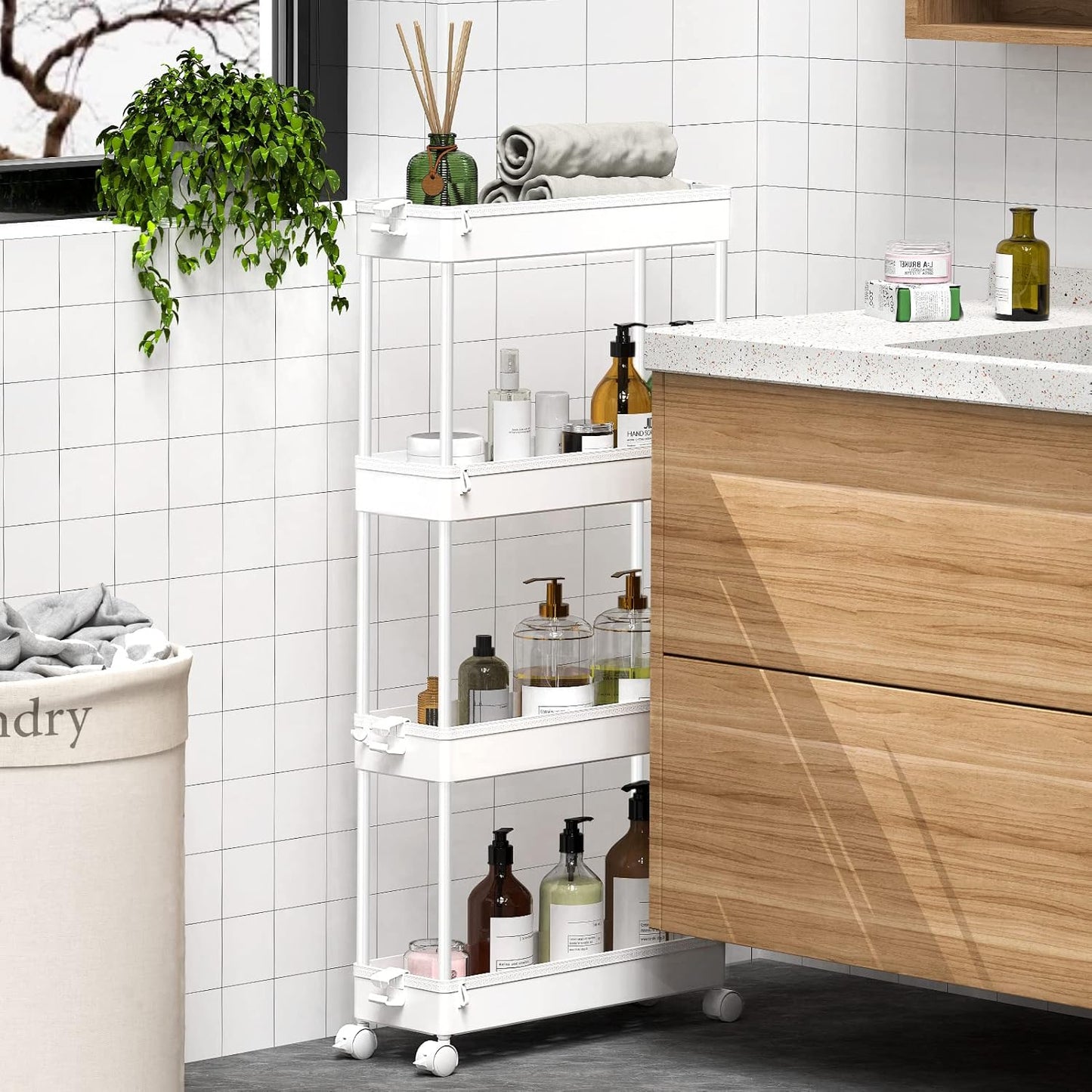 SPACEKEEPER Slim Rolling Storage Cart 4 Tier Bathroom Organizer Mobile Shelving Unit Utility Cart Tower Rack for Kitchen Laundry Narrow Places, White