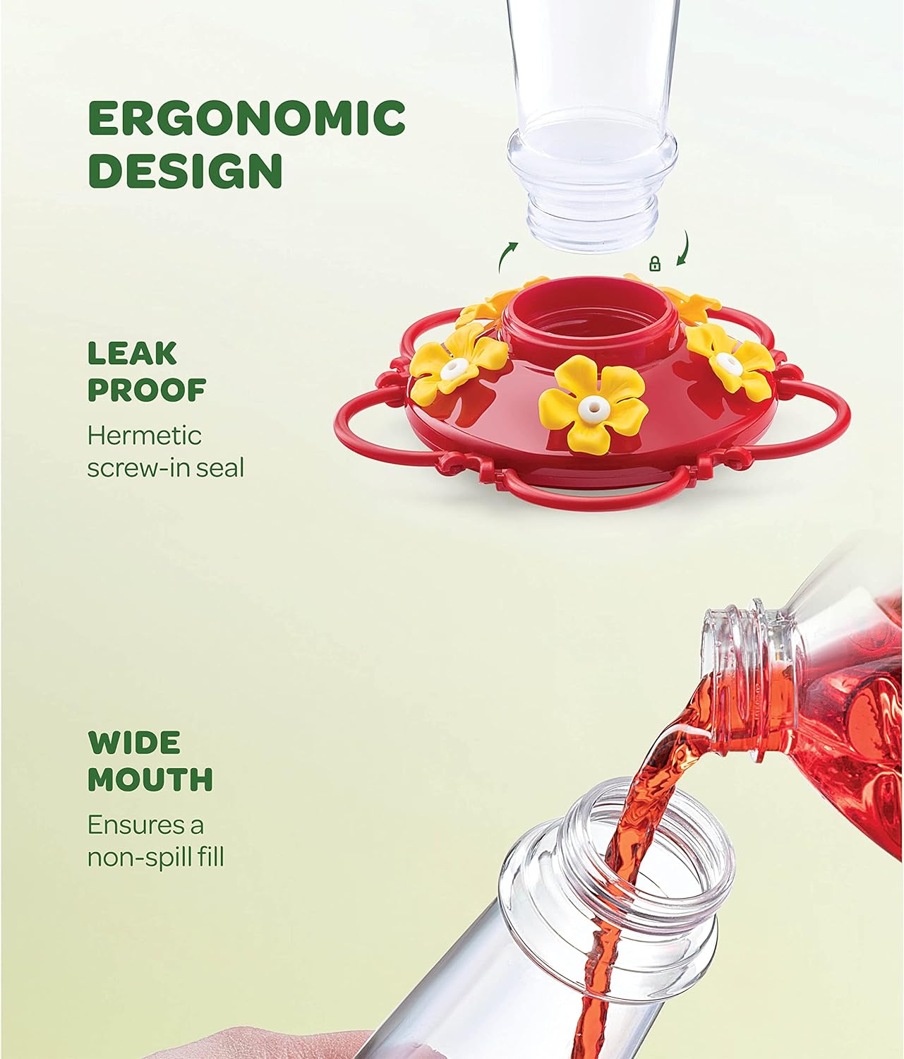 Hummingbird Feeder 10 oz [2 Pack] Glass Hummingbird Feeders for Outdoors, with Built-in Ant Guard - Circular Perch with 5 Feeding Ports - Wide Mouth for Easy Filling/2 Part Base for Easy Cleaning
