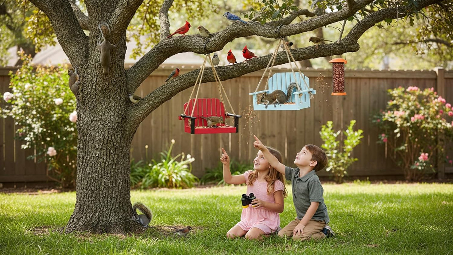2pk Swing Bird Feeder, Squirrel-Proof Metal Mesh Tray with Bench Design, High-Capacity Rust-Resistant Hanging Bird Feeder for Porch & Yard Décor – Easy Fill & Clean (White & Red)