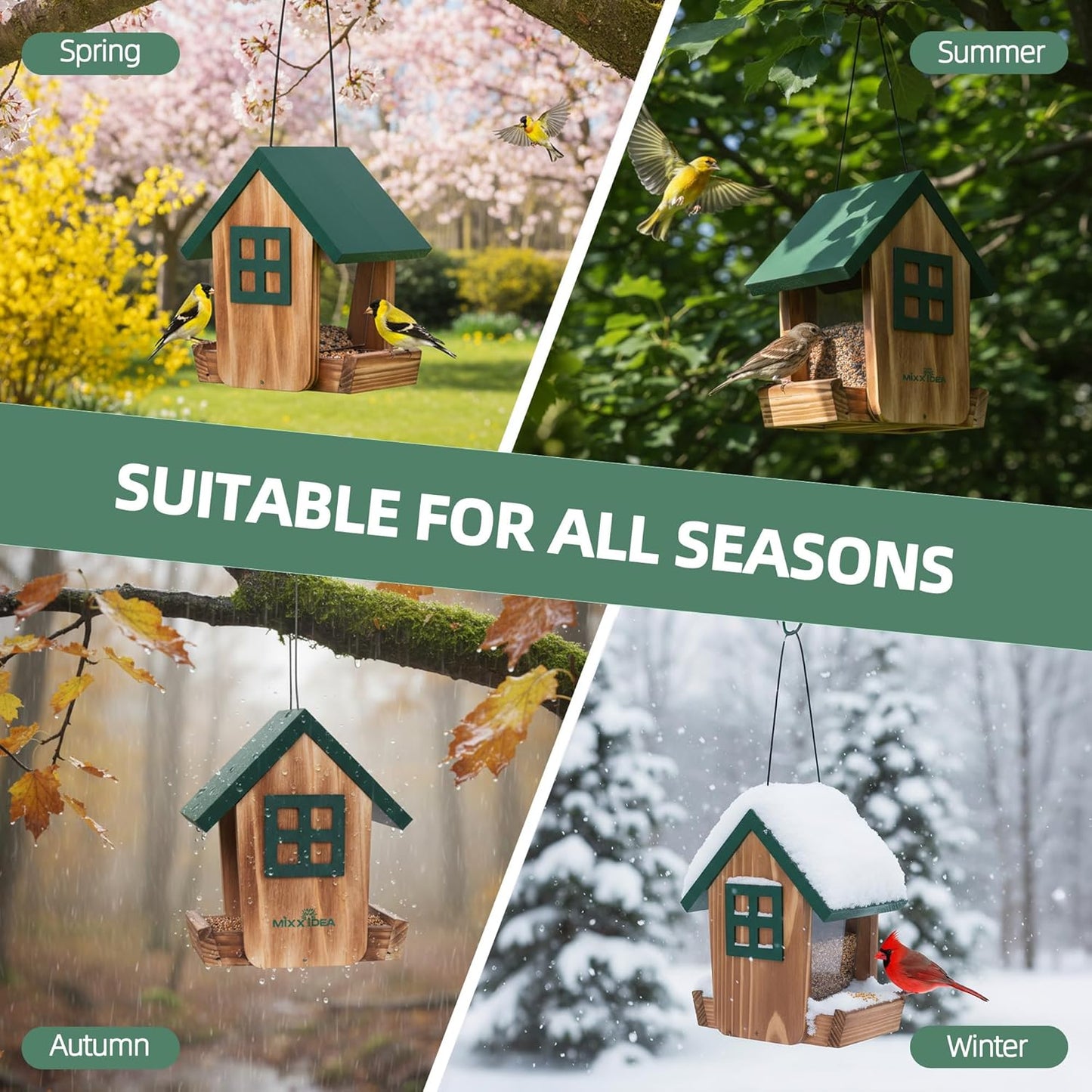 MIXXIDEA Bird Feeder for Outdoors Hanging, Wooden Bird Feeder House with Weatherproof Roof & Metal Tray, Attracting Wild Birds for Outside, Yard, Garden Decoration, Green