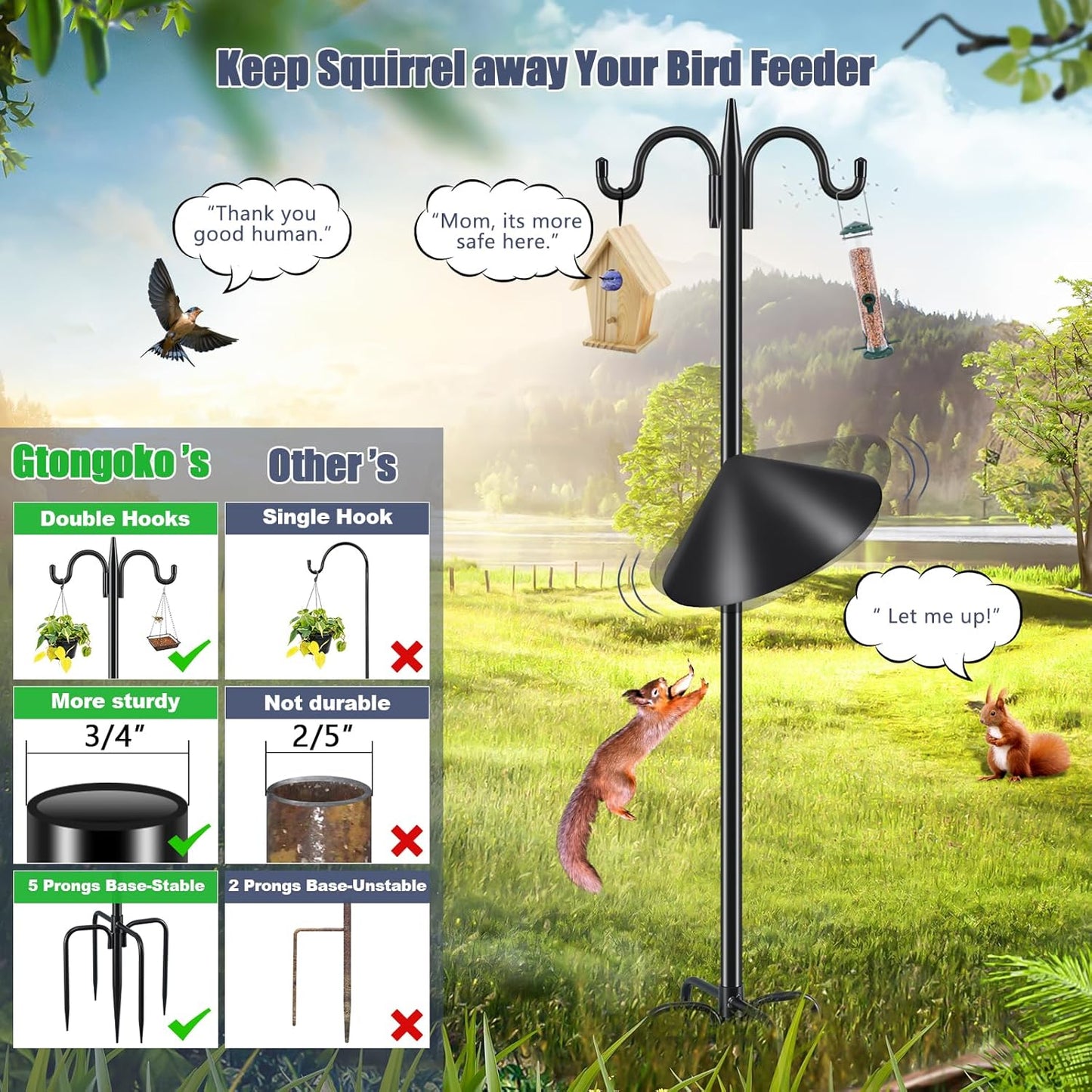 Gtongoko Bird Feeder Pole Squirrel Proof, 108 Inch Double Shepherds Hook for Outdoor with Squirrel Baffles Adjustable Heavy Duty with 5 Prongs Base for Hanging Plants, Bird Feeders, Black