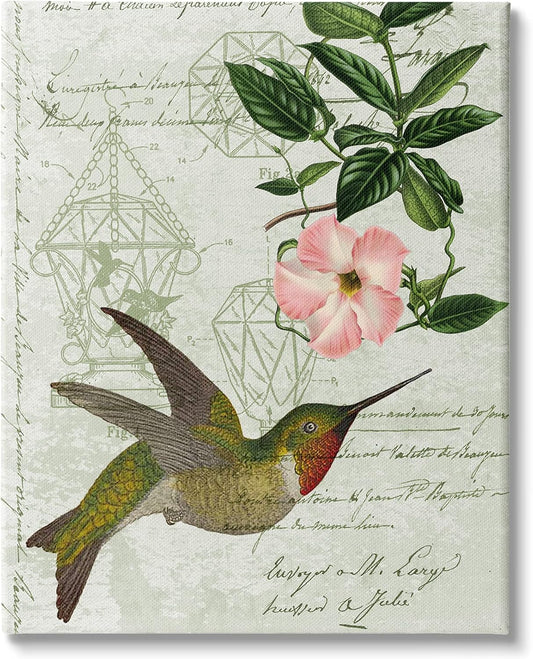 Stupell Industries Vintage Hummingbird Feeder Patent Pink Floral Antique Script