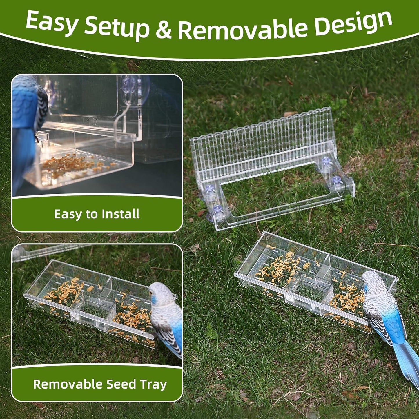 Window Bird Feeder with Strong Suction Cups – Flat-Tile Roof Acrylic Bird Feeder for Outdoors, Clear Viewing Box for Wild Birds & Cats, Easy-to-Clean, Large Capacity, Transparent Birdhouse Feeder