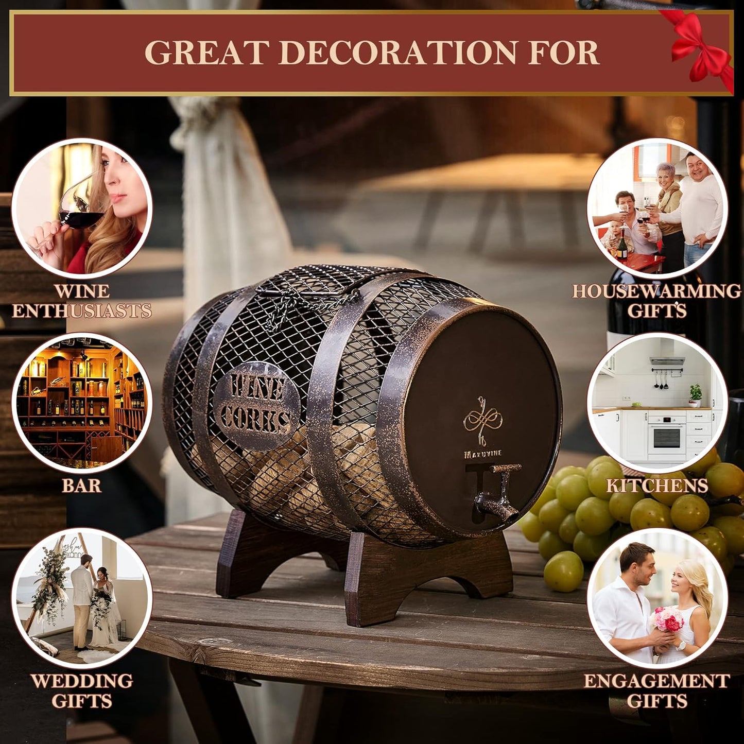 Rustic Metal Large Barrel Wine Cork Holder Display On Wooden Stand, Co