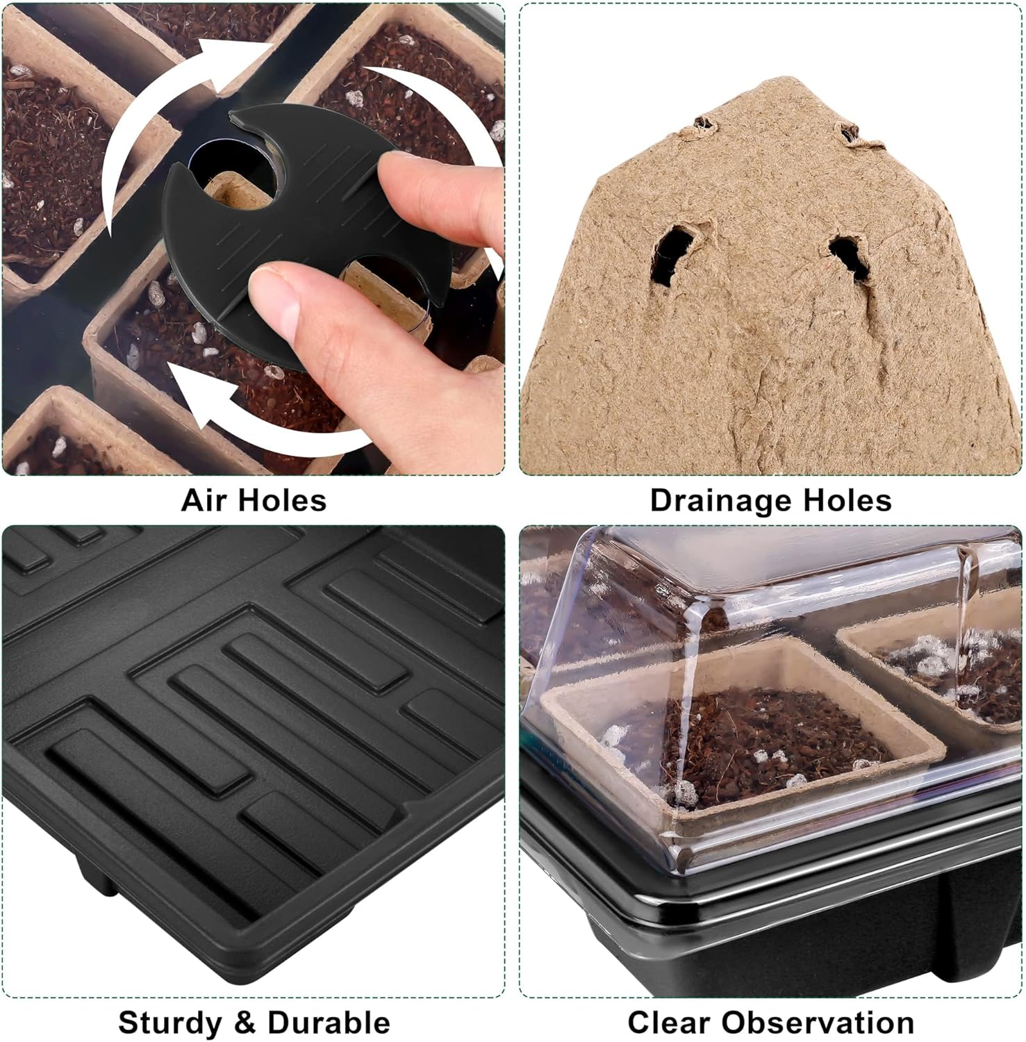 6 Pack Seed Starter Tray Kit with 120 Square Peat Pots for Seedlings, 