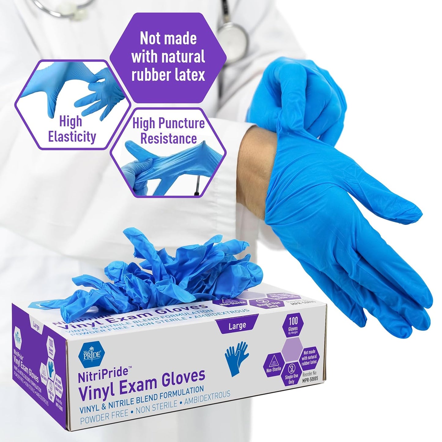 MED PRIDE Nitrile/Vinyl Blend Exam Gloves, Powder-Free, Latex-Free, Disposable, Non-Sterile, Blue, Large (Box of 100)