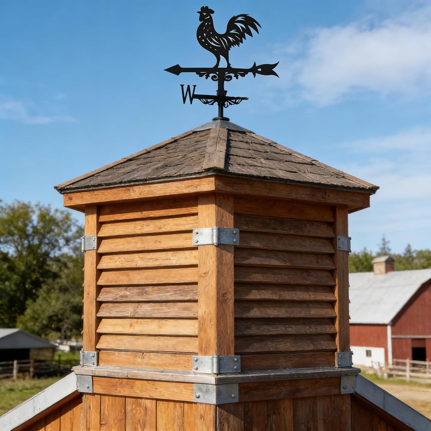 3D Rooster Weathervane Metal Wind Vane Weathercock Garden Decoration Wind Direction Indicator Stake Roof Mount Ornament for Farmhouse Yard Outdoor