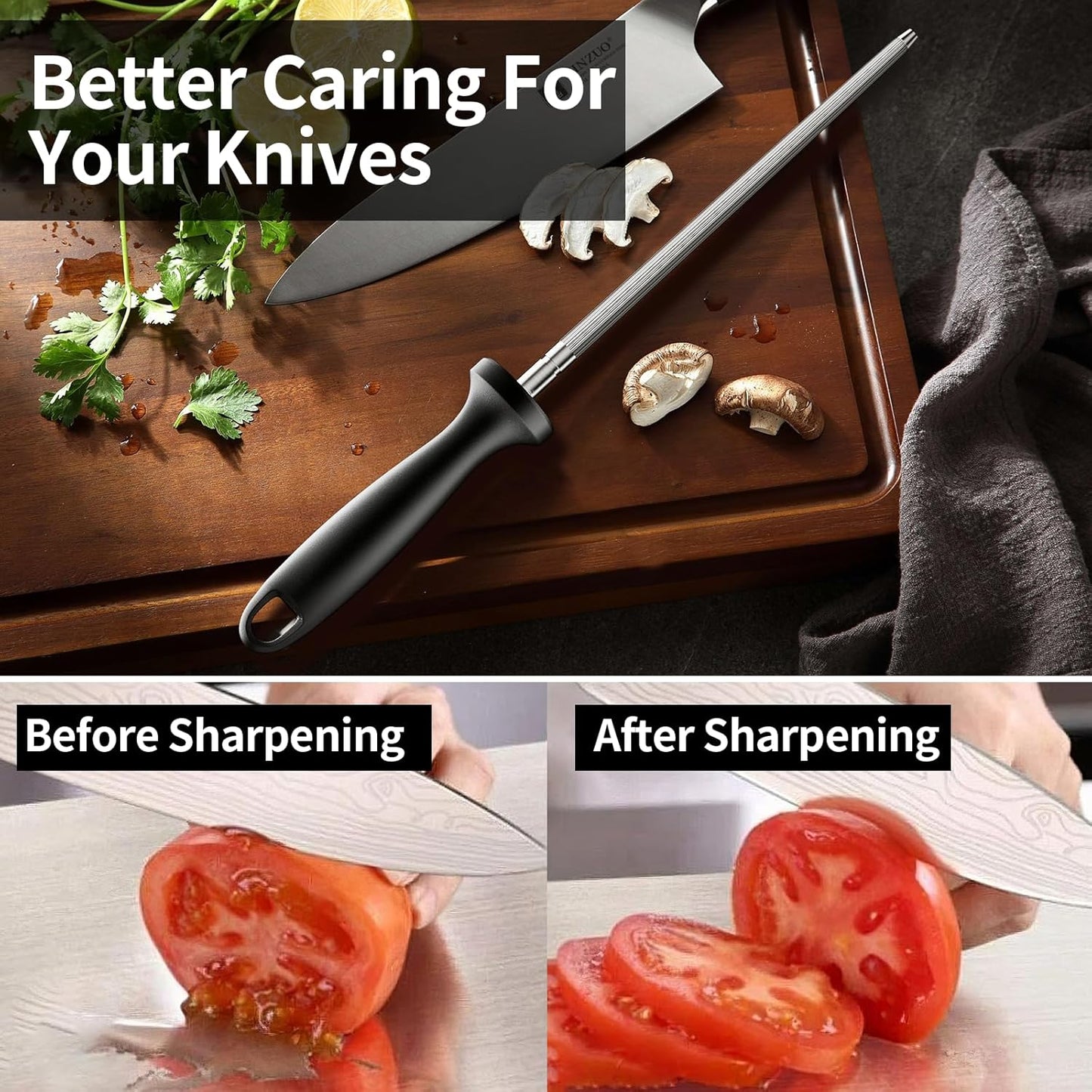 Knife Sharpener Rod, 13 Inch Carbon Steel Honing Steel for Kitchen Knives, Professional Magnetized Sharpening Stick with Nickel-Chrome Plating, Easy Grip Tool for Chef Knives