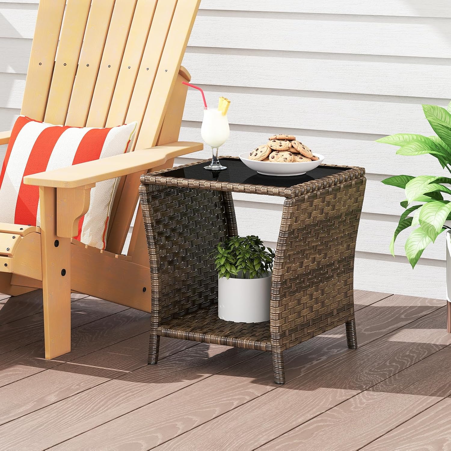 Outdoor Wicker Side Table Rattan Side Tables End Table for Patio with 