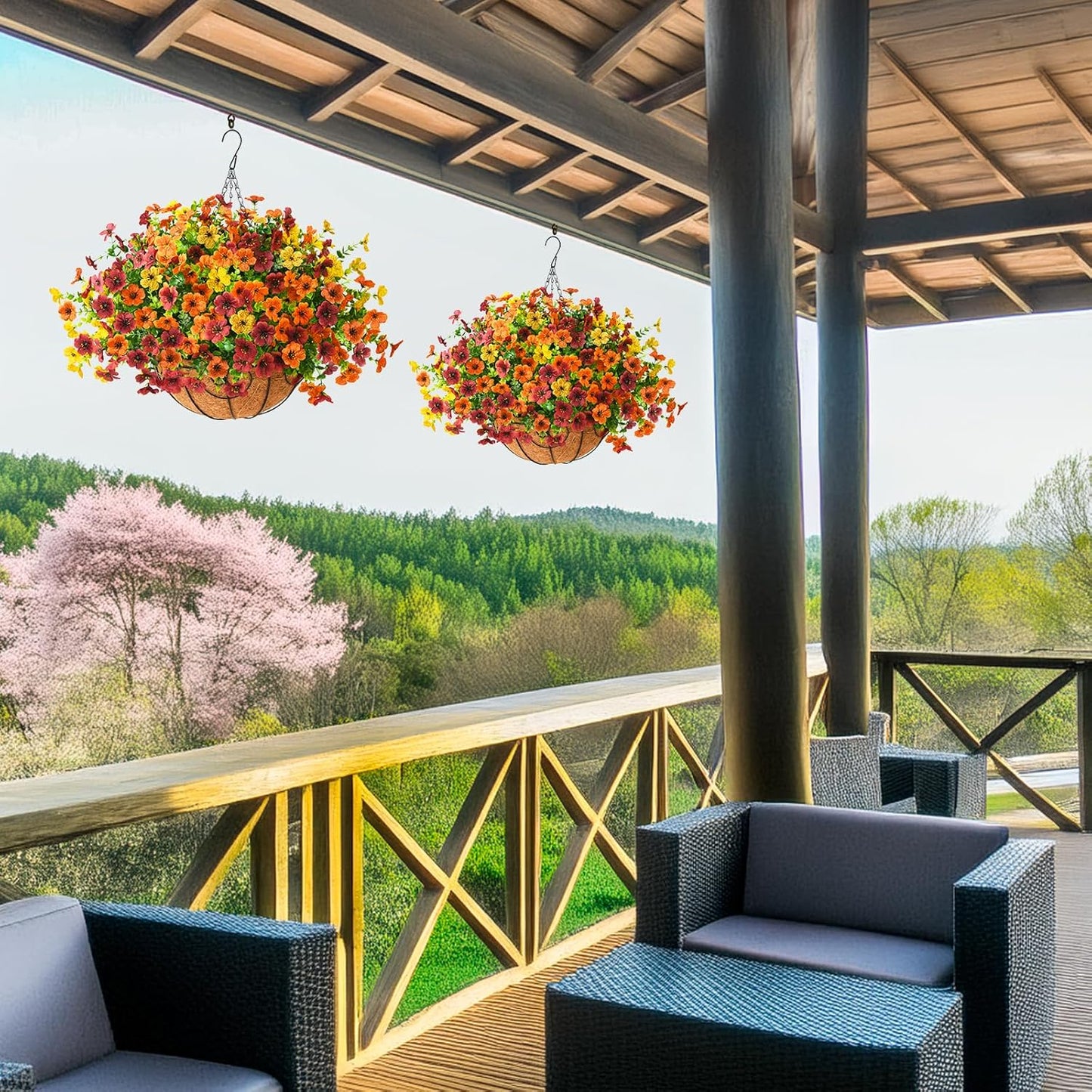 Artificial Fake Hanging Plants Flowers Basket, Faux Silk Daisy in Planter Realistic UV Resistant for Outside Home Patio Balcony Yard Mums Autumn Outdoor Decoration (Orange Brown Yellow)