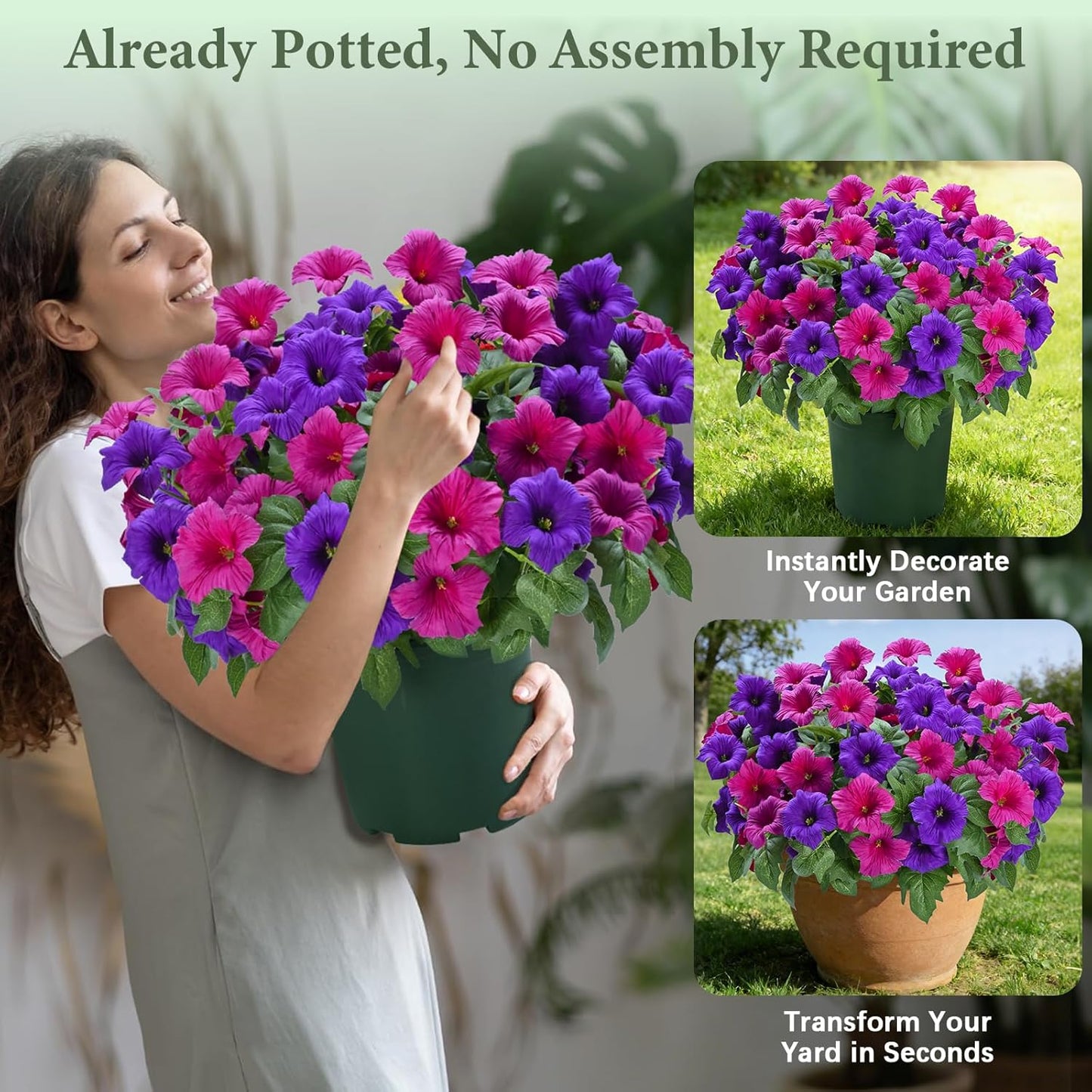 MARTINE MALL Artificial Flowers for Outdoors, 2 Potted Realistic Fake Outdoor Flowers, UV Resistant Silk Petunia Flower for Outside Look Real Faux Flower Plants in Pot for Porch Garden Decor, 20''