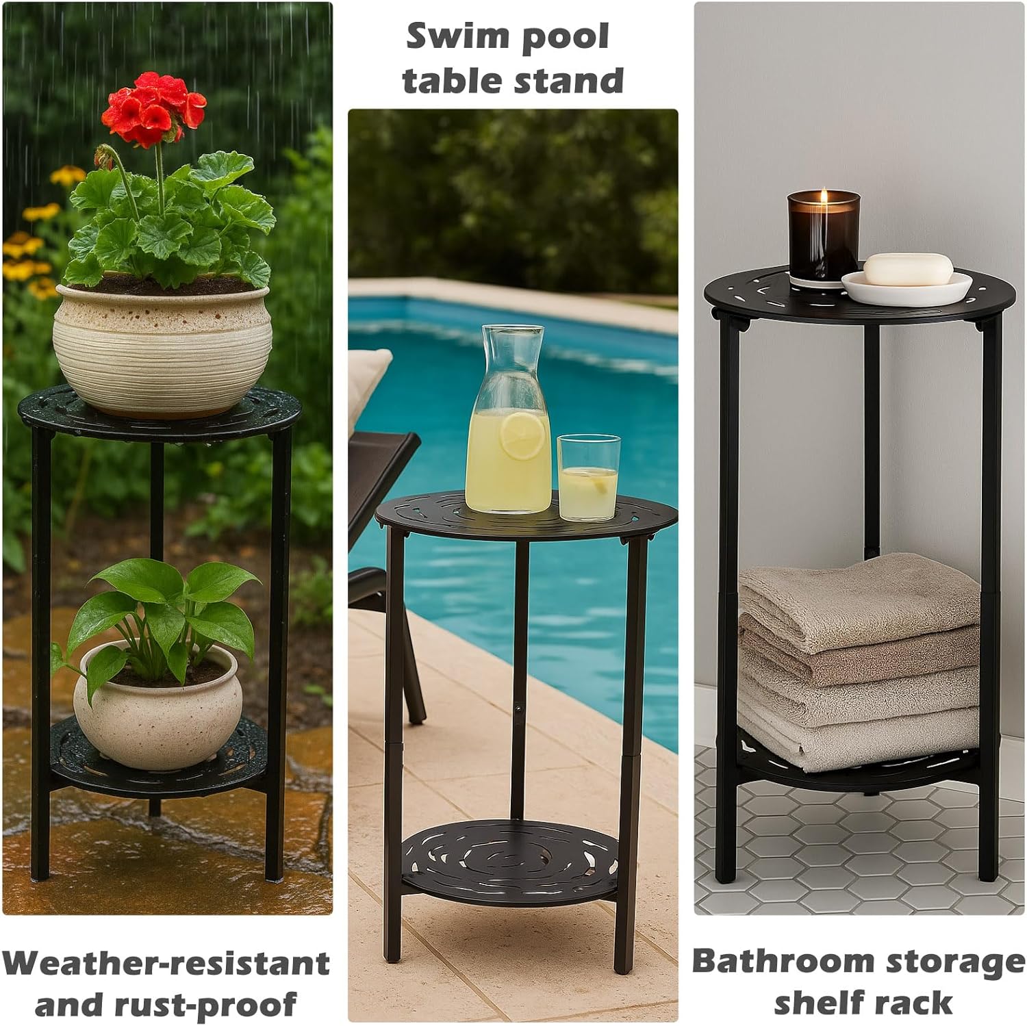 2-Tier Metal Round Side Table Black Accent Coffee Tables Small Space C