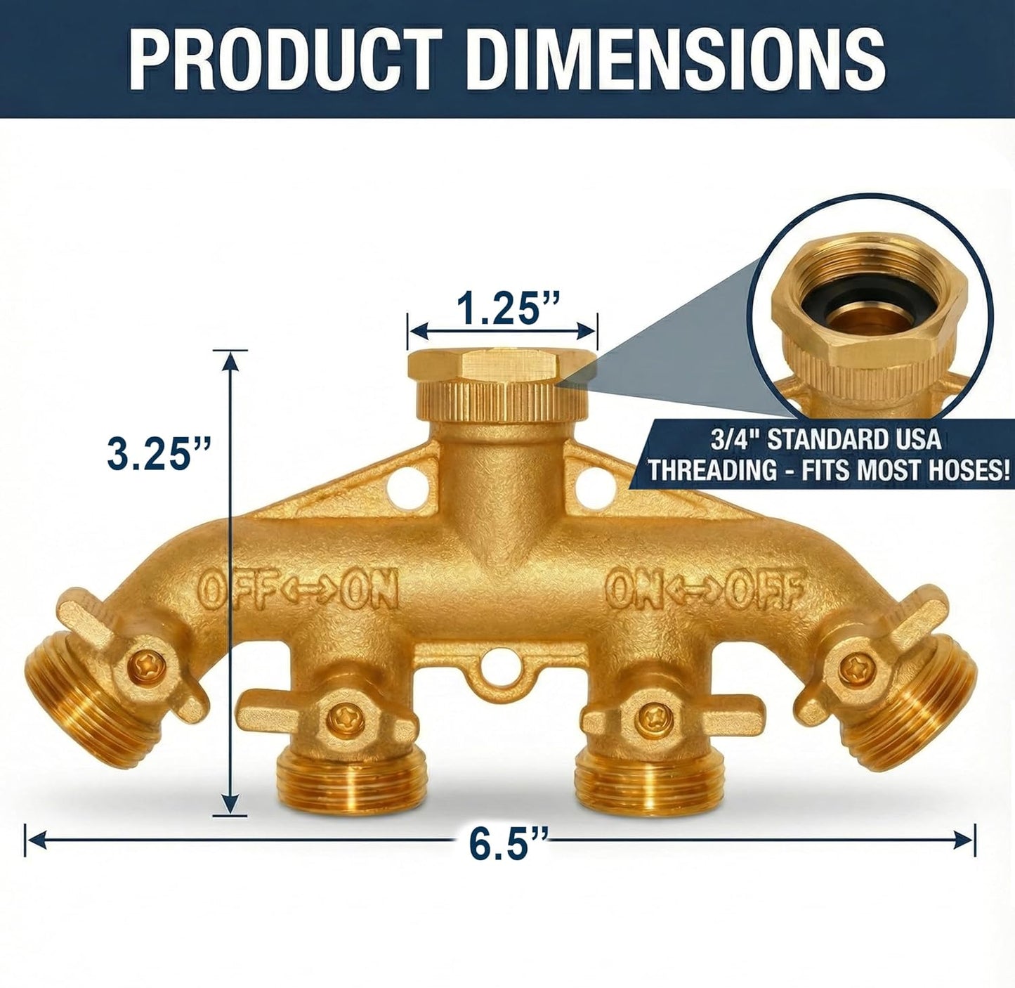 Morvat Brass 4-Way Splitter LEAD-FREE, Heavy-Duty Garden Hose Manifold Connector with Improved Comfort Grip ON/OFF Valves, Adapter for Water Faucet & Spigot, Includes 8 Washers, Teflon Tape (1-Pack)