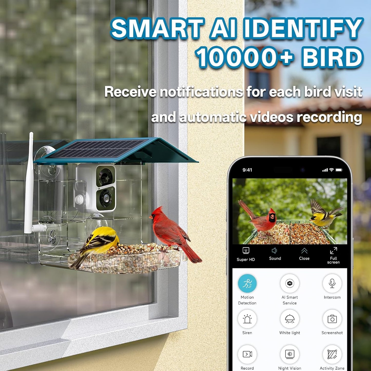 Smart Bird Feeder with Camera Solar Powered, 2.4Ghz/5Ghz WiFi Instant Notifications Smart Window Bird Feeder for Outdoor, 2K HD AI Identify Birds SpeciesGifts for BirdLovers Kids Grandparents