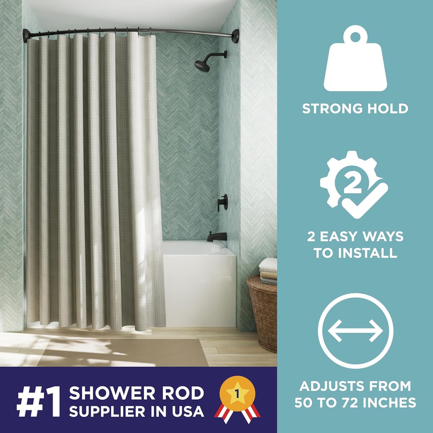 Zenna Home Rustproof Curved Shower Curtain Rod, No Drill Tension or Permanent Mount Adjustable Curved Shower Rod for Bathroom, Easy Install, Rounded for Extra Room, 50 to 72 Inches, Matte Black