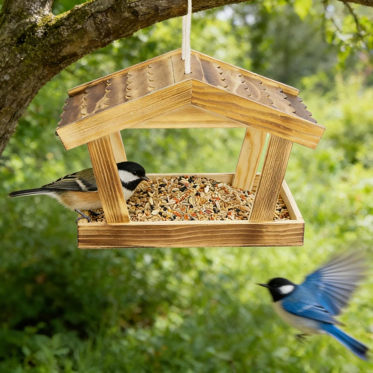 Bird Feeders for Outside Hanging, Wooden Wild Bird Feeder House, Platform Bird House Feeder for Garden Yard Outdoor Hanging 10x6.3x7.8 Inch