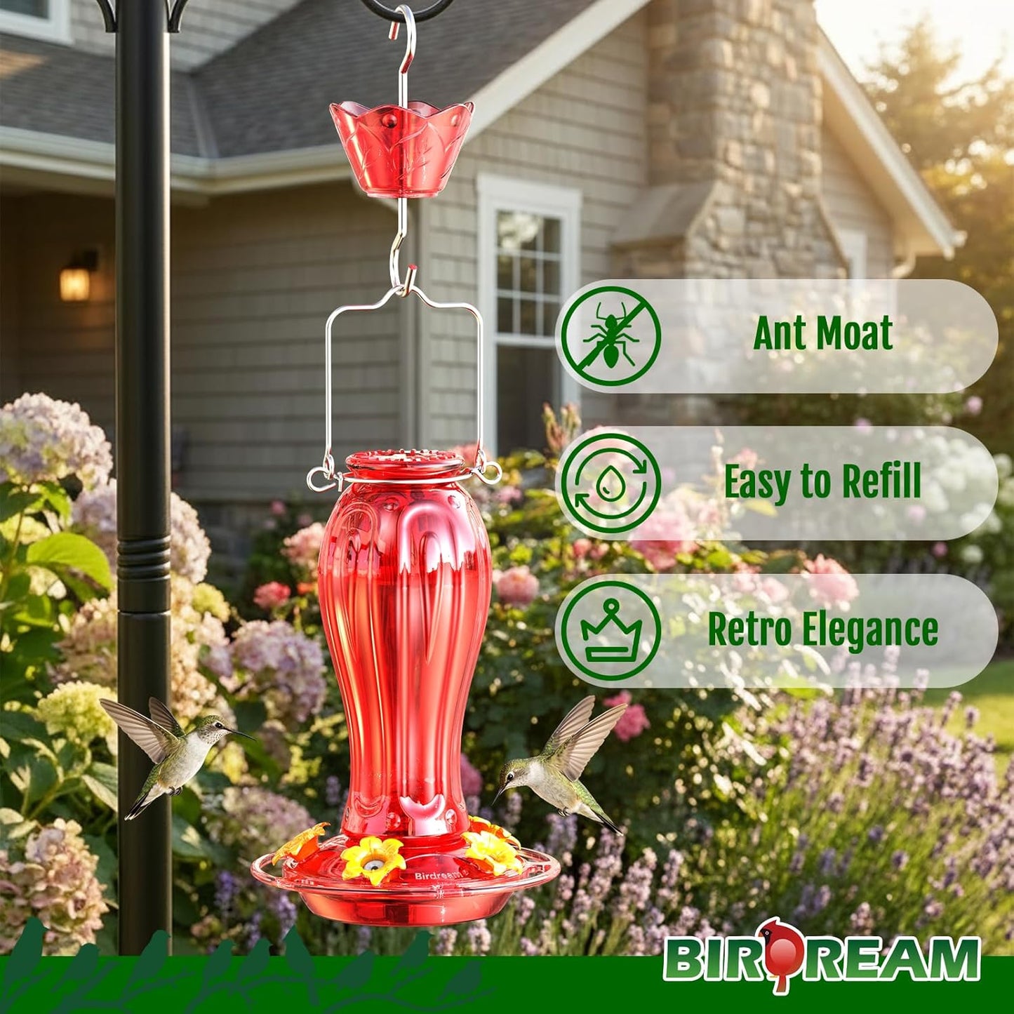 Birdream Glass Hummingbird Feeder for Outdoors, 18oz Hanging Nectar Holder with Ant Moat 5 Feeding Ports, Decorative Bird Feeder for Garden Patio Backyard, All Red