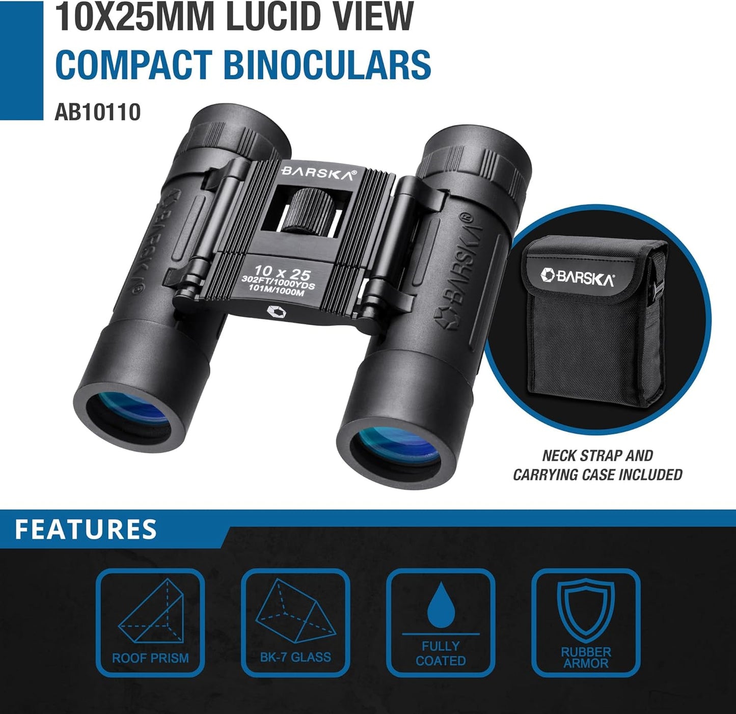 Barska Lucid View 10x25 Compact Binoculars – Lightweight Folding Design with Fully Coated Optics & Rubber Armor – Ideal for Travel, Hiking, Hunting & Sports