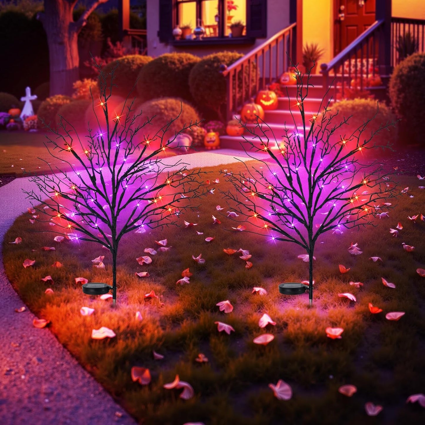 Halloween Solar Pathway Lights 2PCS, Halloween Outdoor Decorations, Artificial Tree Waterproof LED Lights for Lawn Yard Garden Driveway Porch Walkway, Auto On/Off