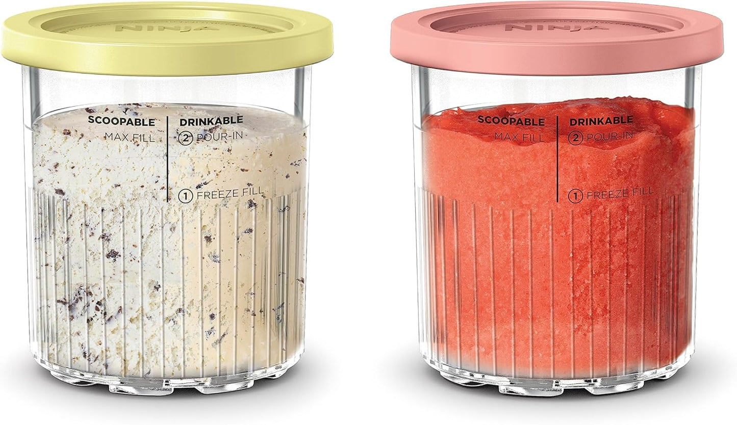 Ninja Creami Deluxe Pints 2 Pack, Compatible with NC500 Series Creami Deluxe Ice Cream Makers, Genuine Ninja Pint, BPA-Free & Dishwasher Safe, Color Lids, 1 Pint Each, Clear/Coral/Yellow, XSKPNTLD2