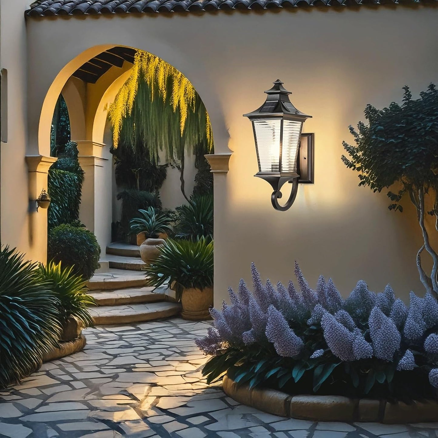 Solar Outdoor Wall Lantern, Exterior Wall Sconce, LED Waterproof Die-Cast Aluminum Solar Powered Mounted Lamp with Glass, Dusk to Dawn Coffee Gold Light Fixture for Porch, Garden Cottage
