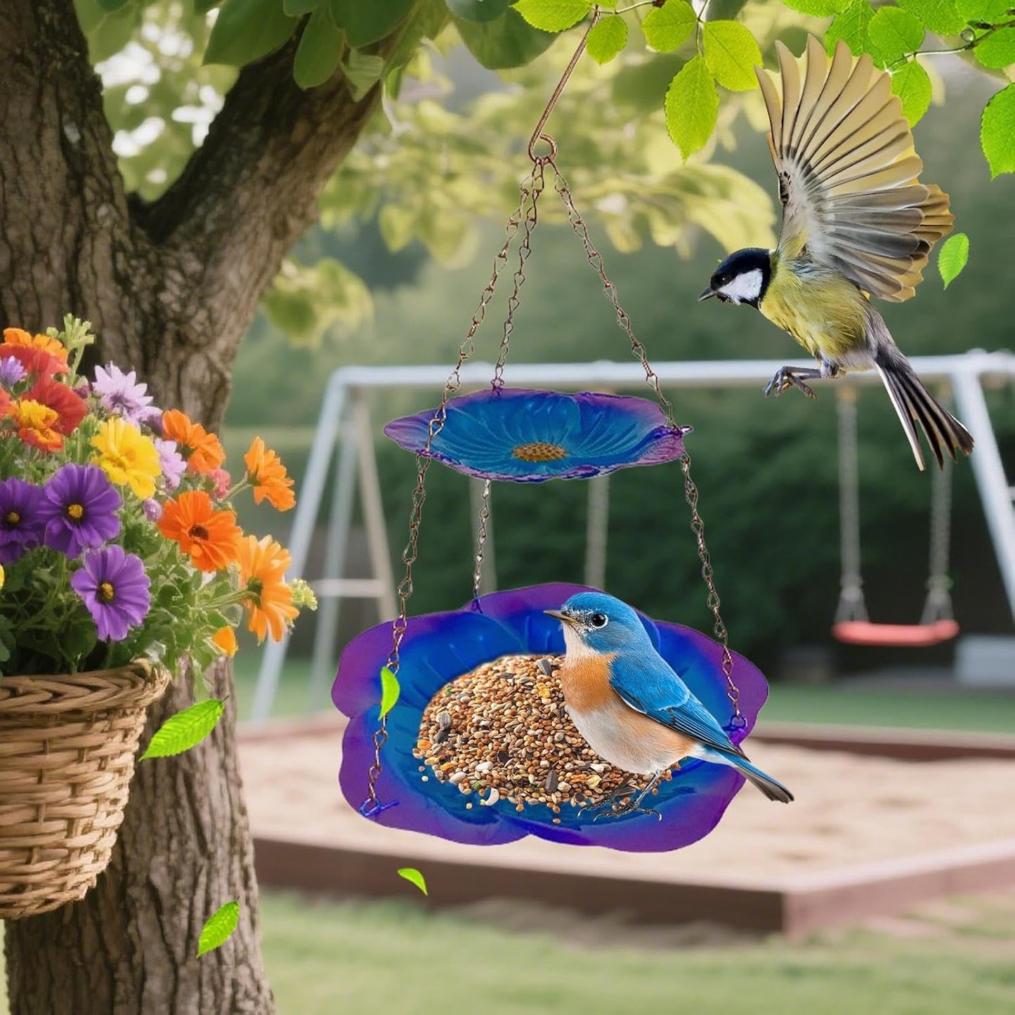 Wild Bird Feeders, Weatherproof Flower-Shaped Metal Double-Layer Tray, Durable Outdoor Bird Feeder for Food and Water, Easy Viewing and Watching, Suitable for Finches, Parrots, Pet Birds, Aviary