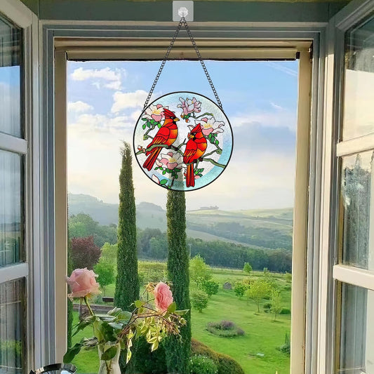 Stained Glass Window Hanging, Cardinals Suncatcher with Hook, Window, 