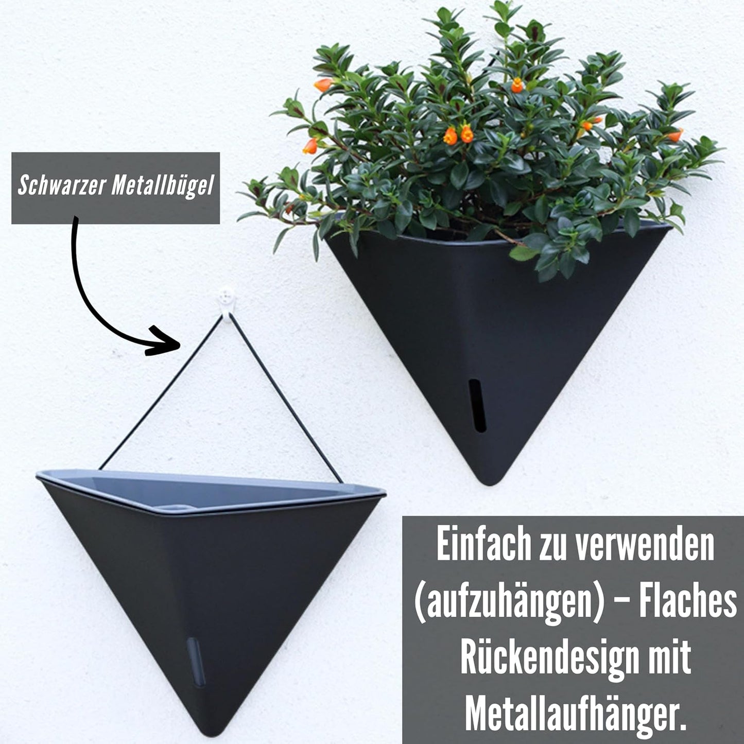 LaLaGreen Wall Planters for Indoor Plants - 2 Pack, 12 Inch Large Self Watering Black Geometric Hanging Flower Vase Vessel with Metal Hanger, Modern Stylish Wall Mounted Succulent Pot Holder Decor